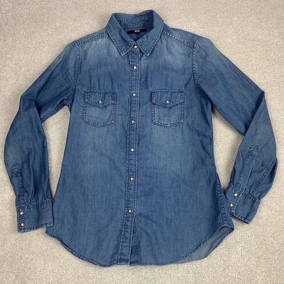 Uniqlo Women Small Pearl Snap Western Chambray Pocket Button Shirt Long Sleeve - Picture 1 of 12